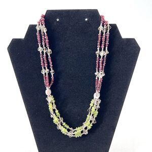Three Strand Citrine Garnet Stone Beads & Sterling Silver Statement Necklace